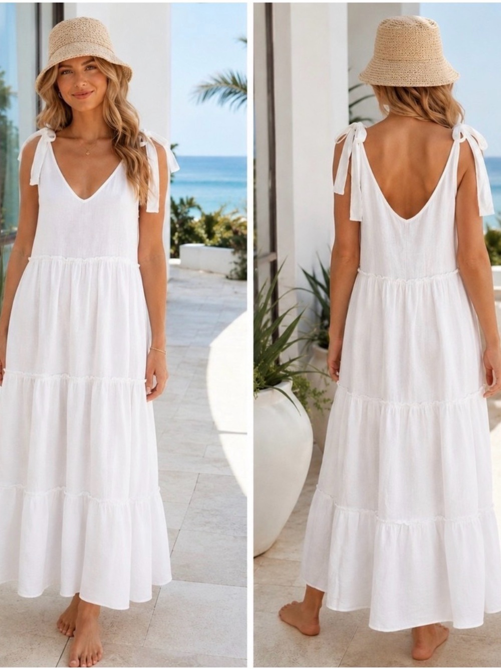 BEACHWOOD 100% Linen Sevilla White Tiered Tie Shoulder Straps Dress OS VGUC